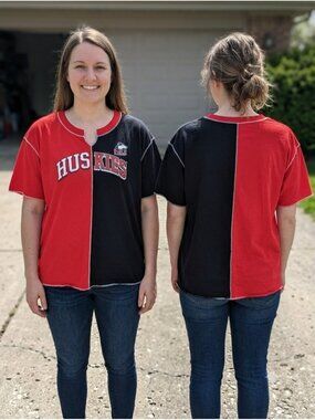 NIU Huskies Shirt Womens XL Red Black Colorblock Split Reworked Graphic Tee Game